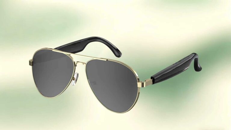 Gold aviator-style audio smart glasses with speaker temples