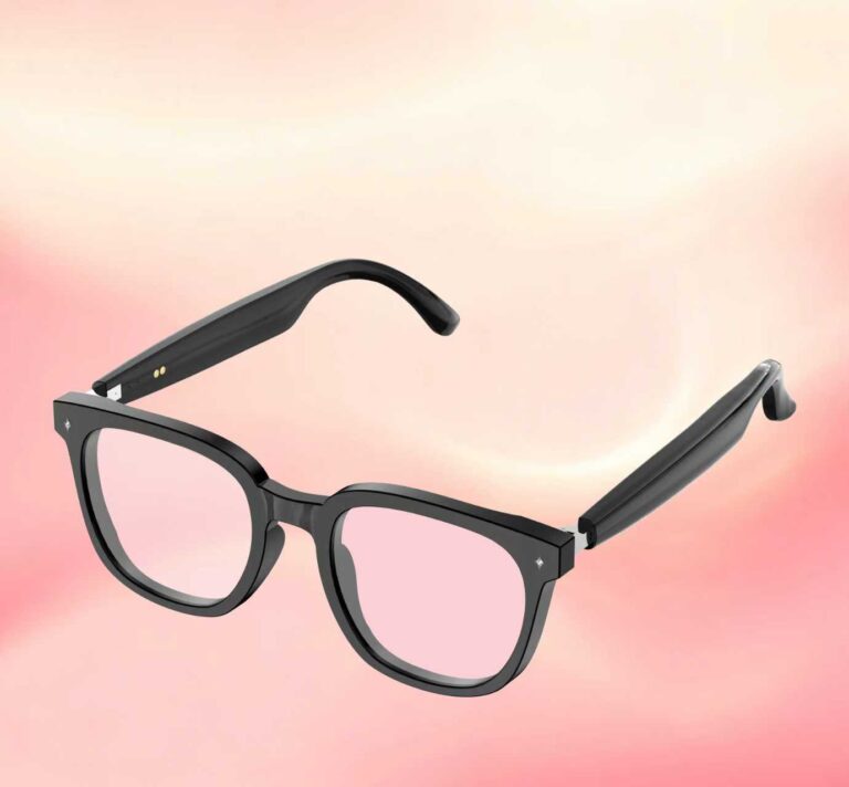 Square-frame smart glasses with tinted lenses for translation and calls
