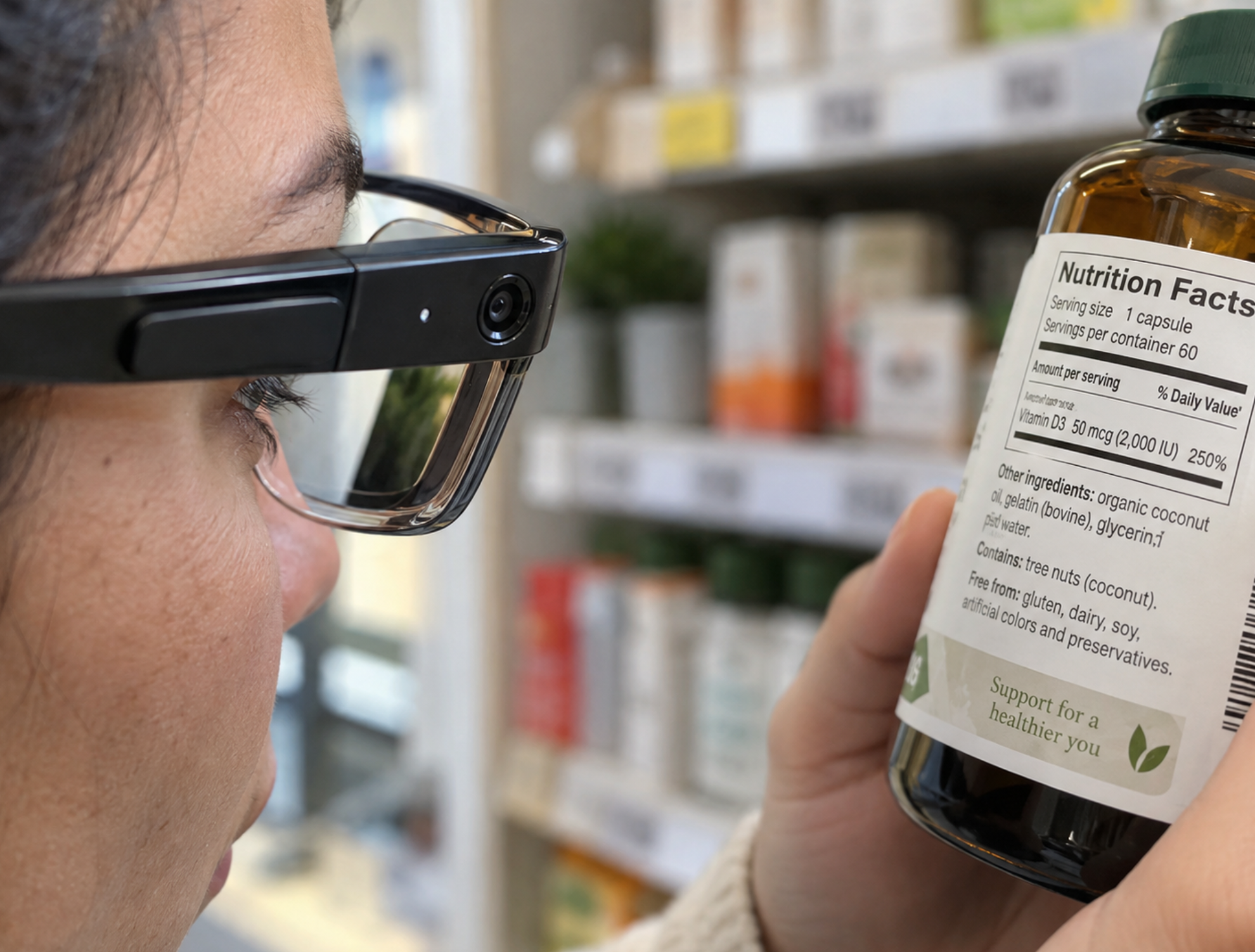 Close-up of AI smart glasses camera reading text on a product label aloud
