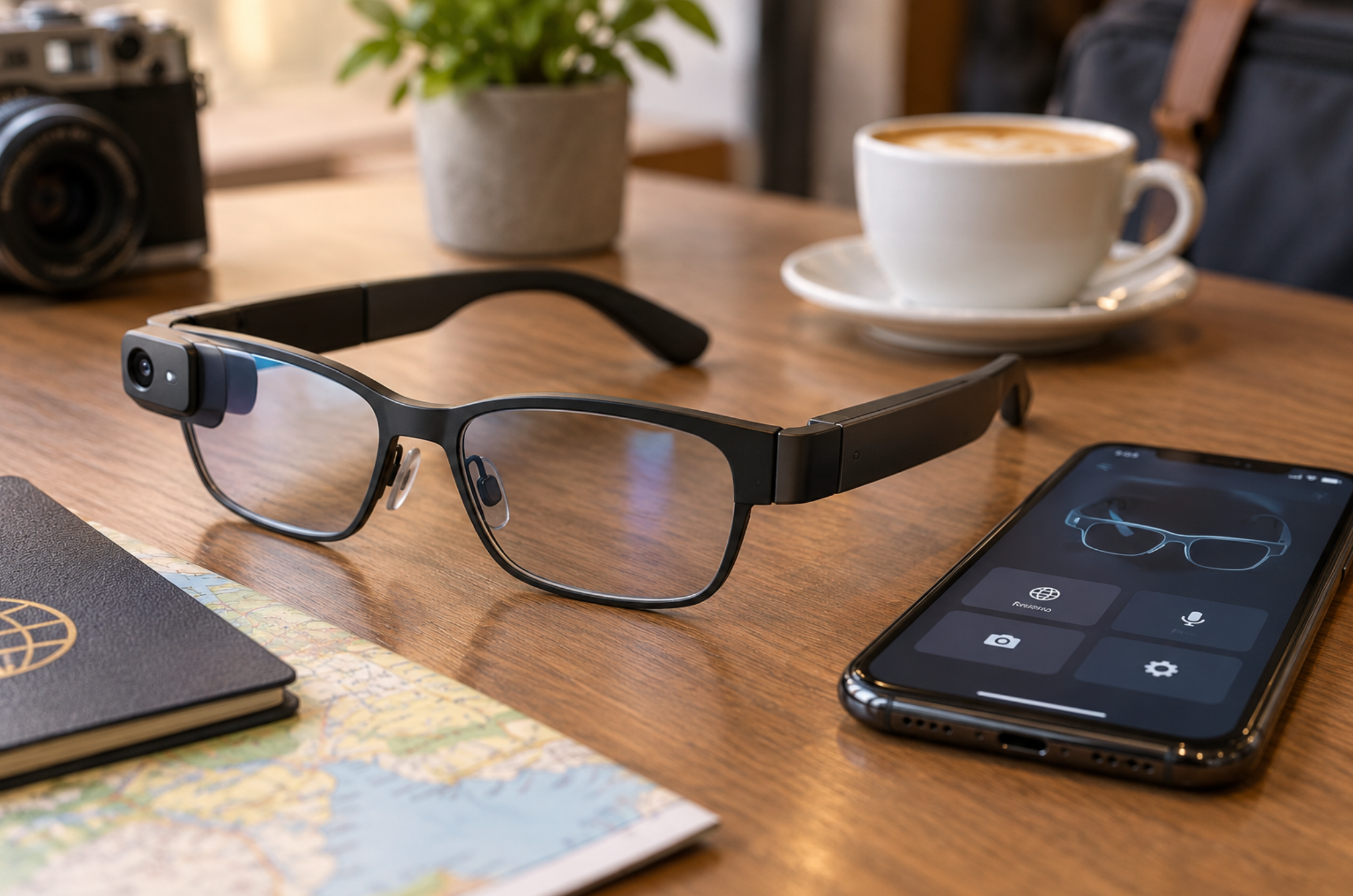 AI smart glasses on a table next to a phone, illustrating myths versus facts