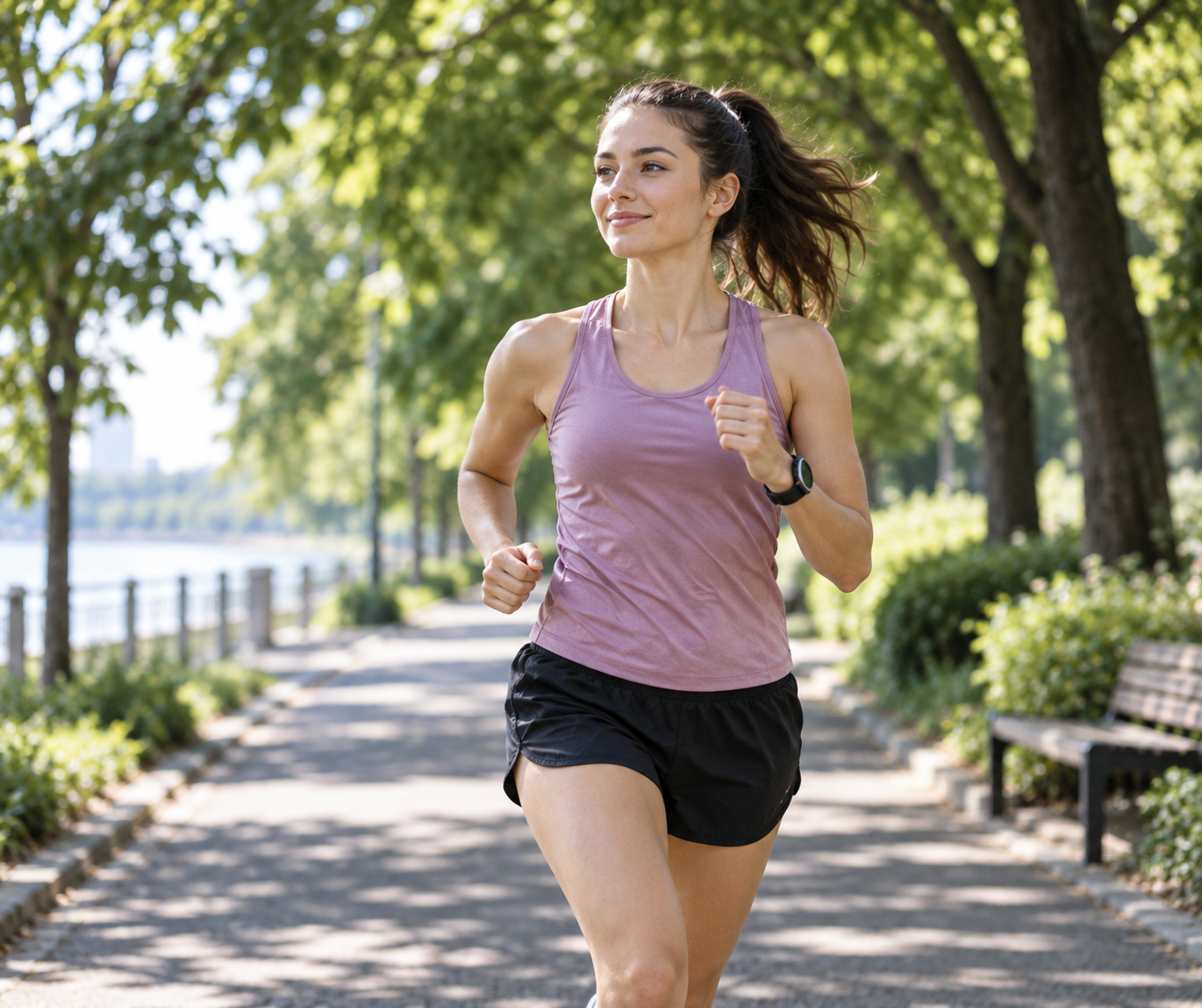 A woman jogging along a shaded park path during an outdoor run