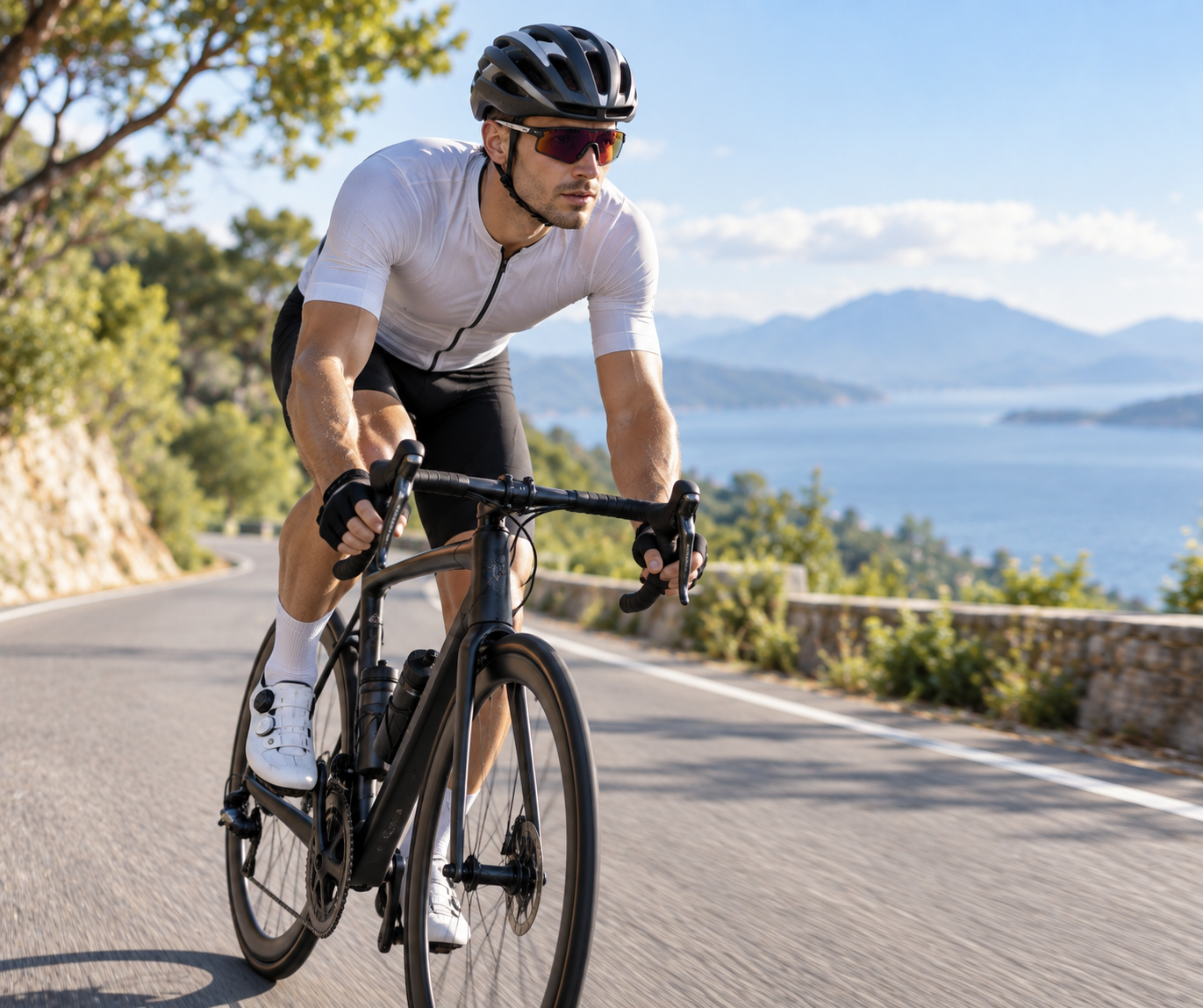 A cyclist riding a road bike outdoors on a paved path