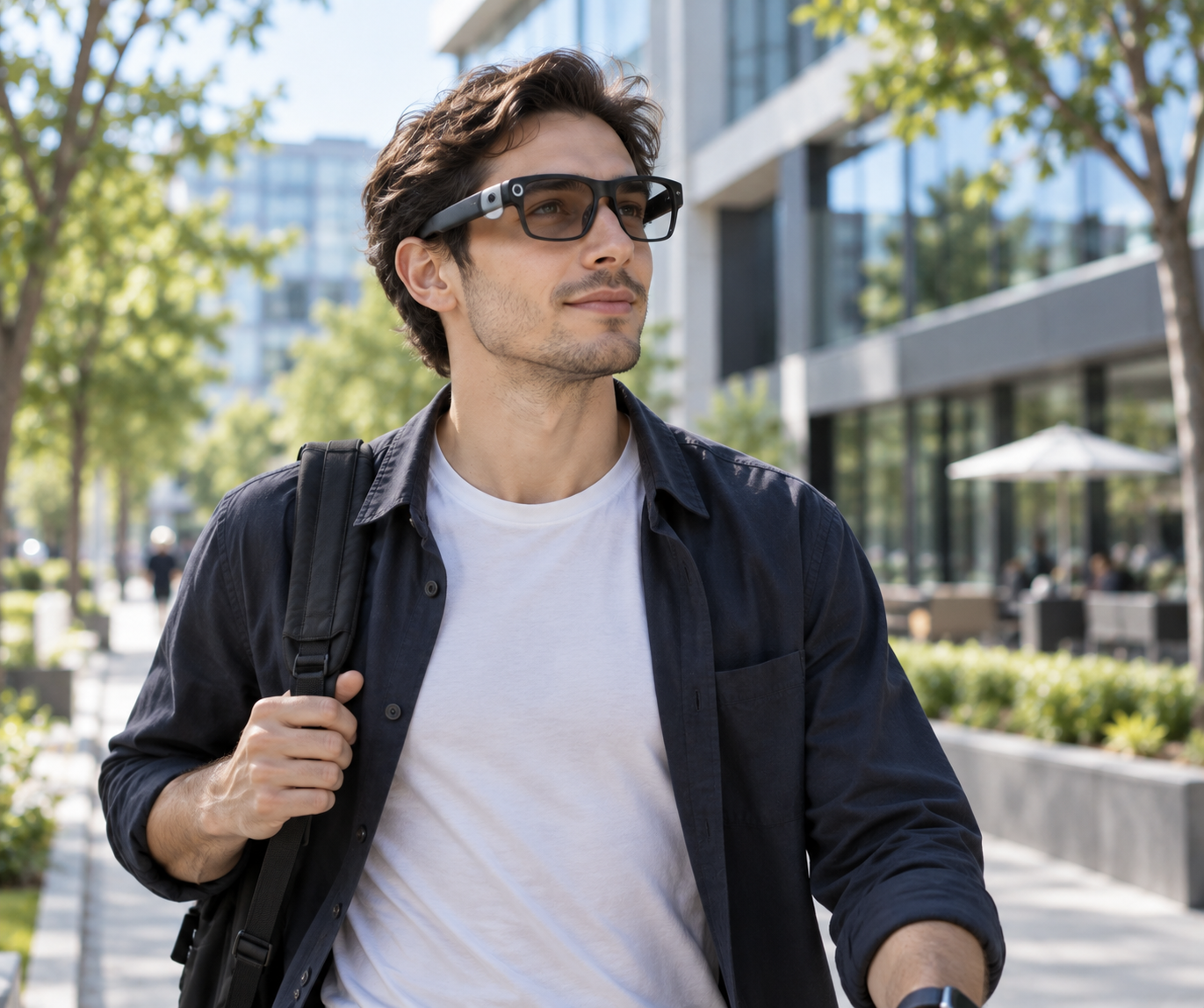 Person wearing AI smart glasses in an everyday lifestyle setting, walking outdoors
