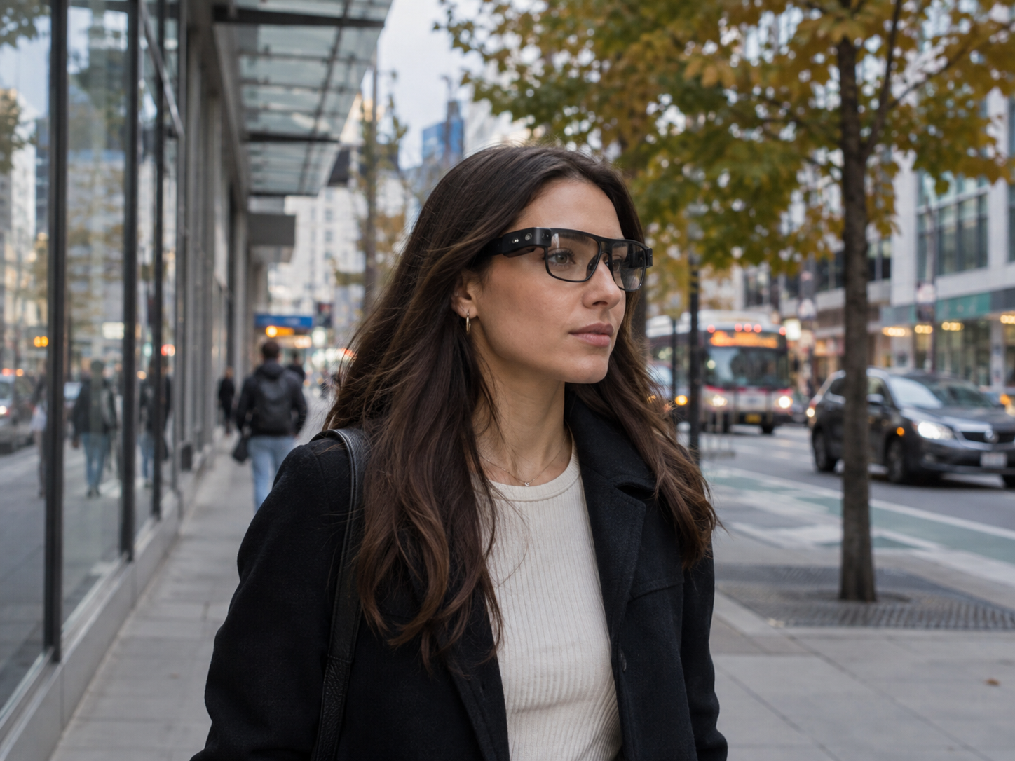 Person using AI smart glasses in a daily life scenario like walking or commuting