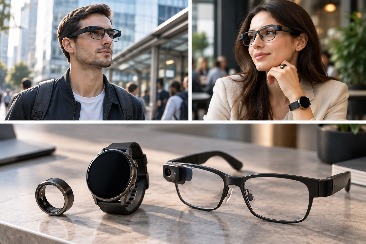 Close-up comparison of a smart ring, smart watch, and AI smart glasses on a table