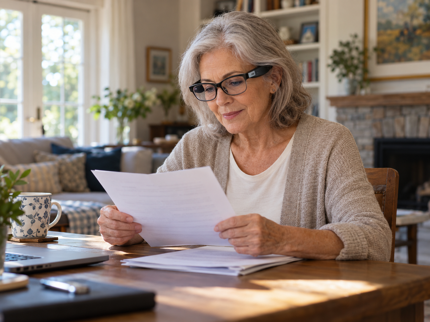 Older adult wearing AI smart glasses while reading a document at home