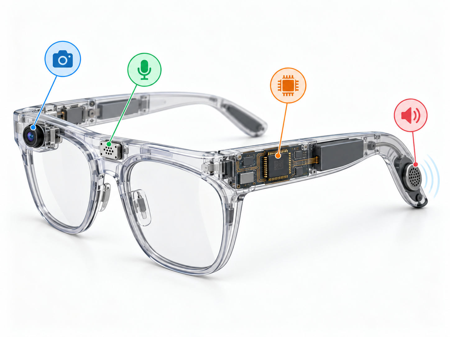 Simple diagram showing camera, microphone, chip, and speaker inside AI smart glasses