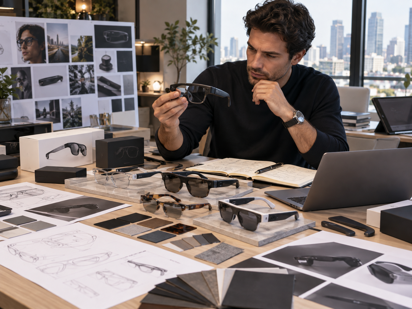 Entrepreneur reviewing smart glasses samples and branding materials on a desk