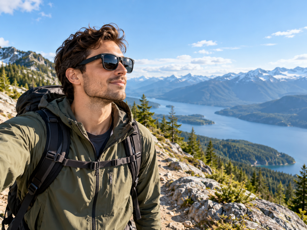 Traveler wearing V03 AI smart glasses outdoors in the mountains