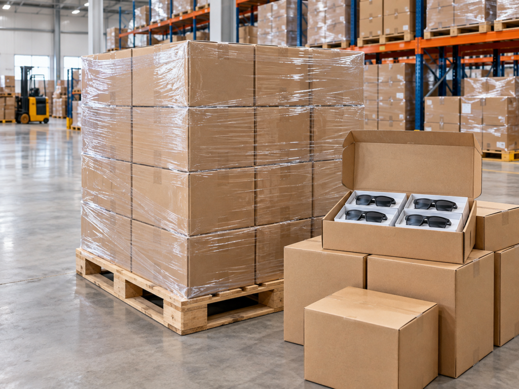 Packed V03 export cartons in the HuaHai warehouse