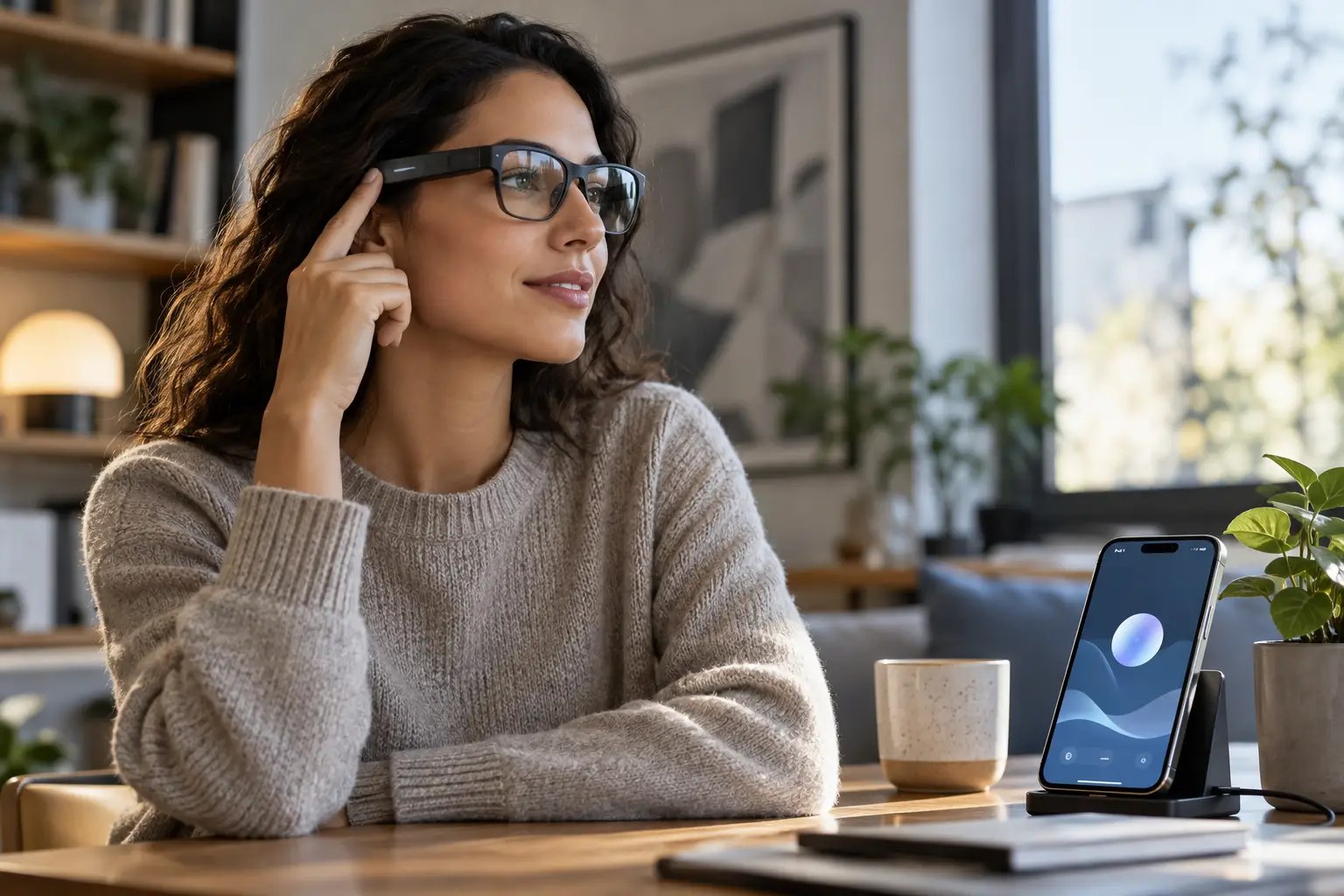Person tapping the temple of smart glasses to wake an AI assistant while a phone on the table shows the companion app