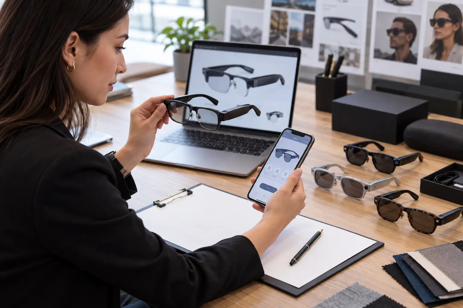Retail buyer comparing a smart glasses spec sheet that says ChatGPT built in with the companion app setup screens on a phone