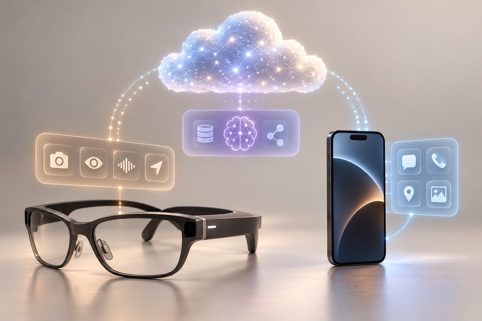 Diagram showing which smart glasses functions run on the glasses and phone and which use a paid cloud AI service