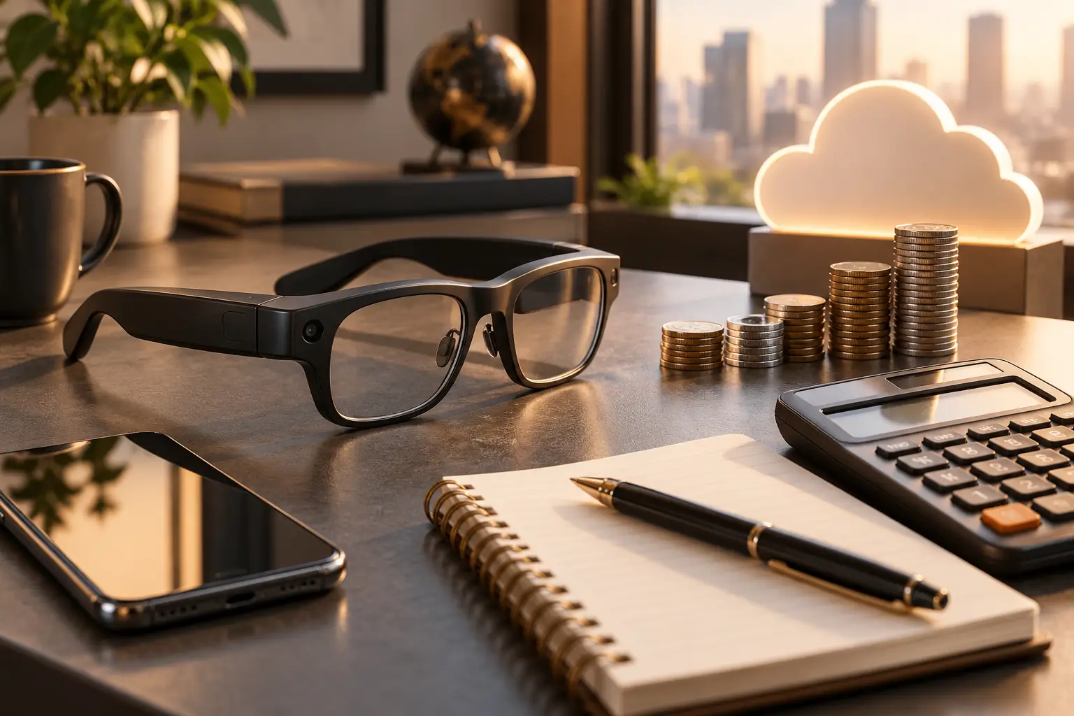 Calculator and notebook comparing the two-year cost of smart glasses hardware, lenses and a monthly AI subscription