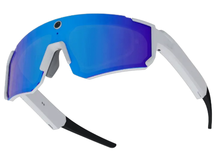HuaHai V06 AI sports smart glasses with camera, white frame and blue mirror lens
